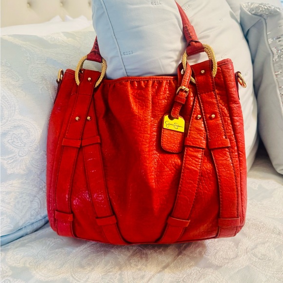 Jessica Simpson Handbags - Jessica Simpson Red Leather Shoulder Bag with Gold Accents